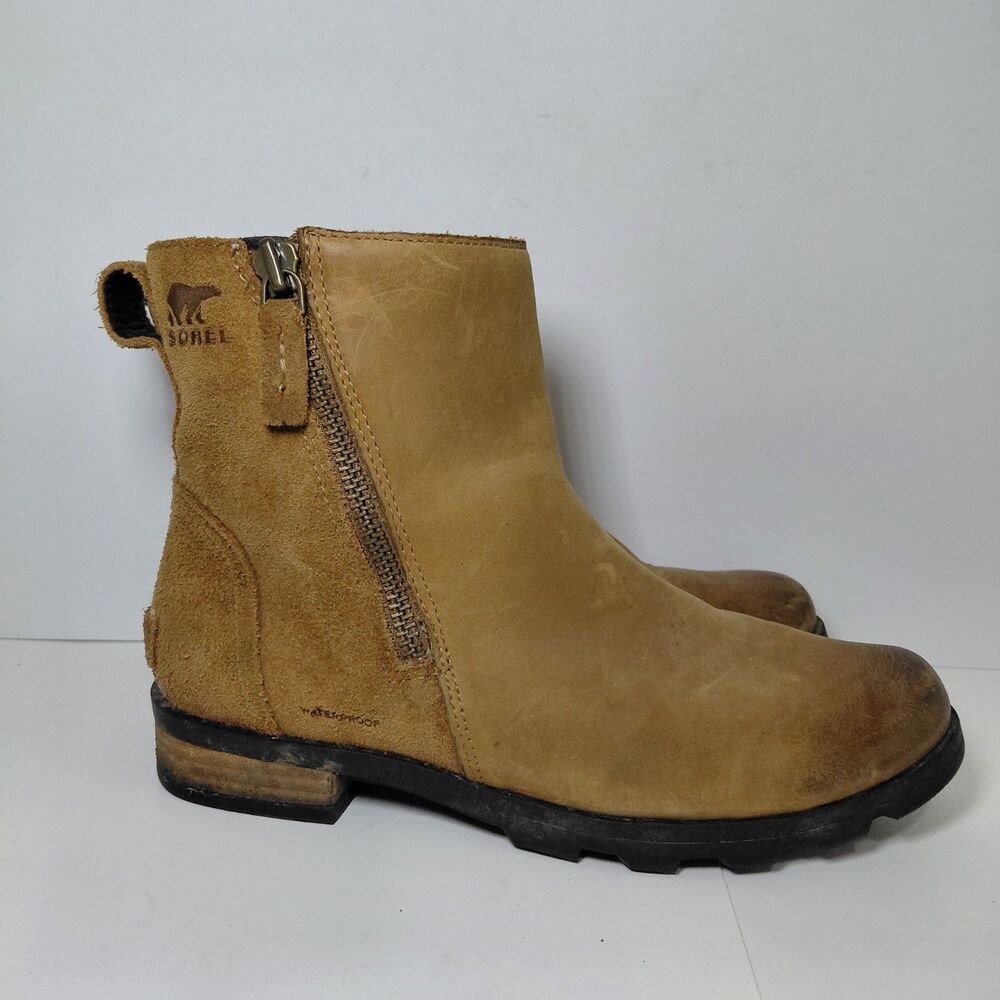Sorel Emelie Camel Brown Zip Ankle Boots Waterproof Women's Size 7